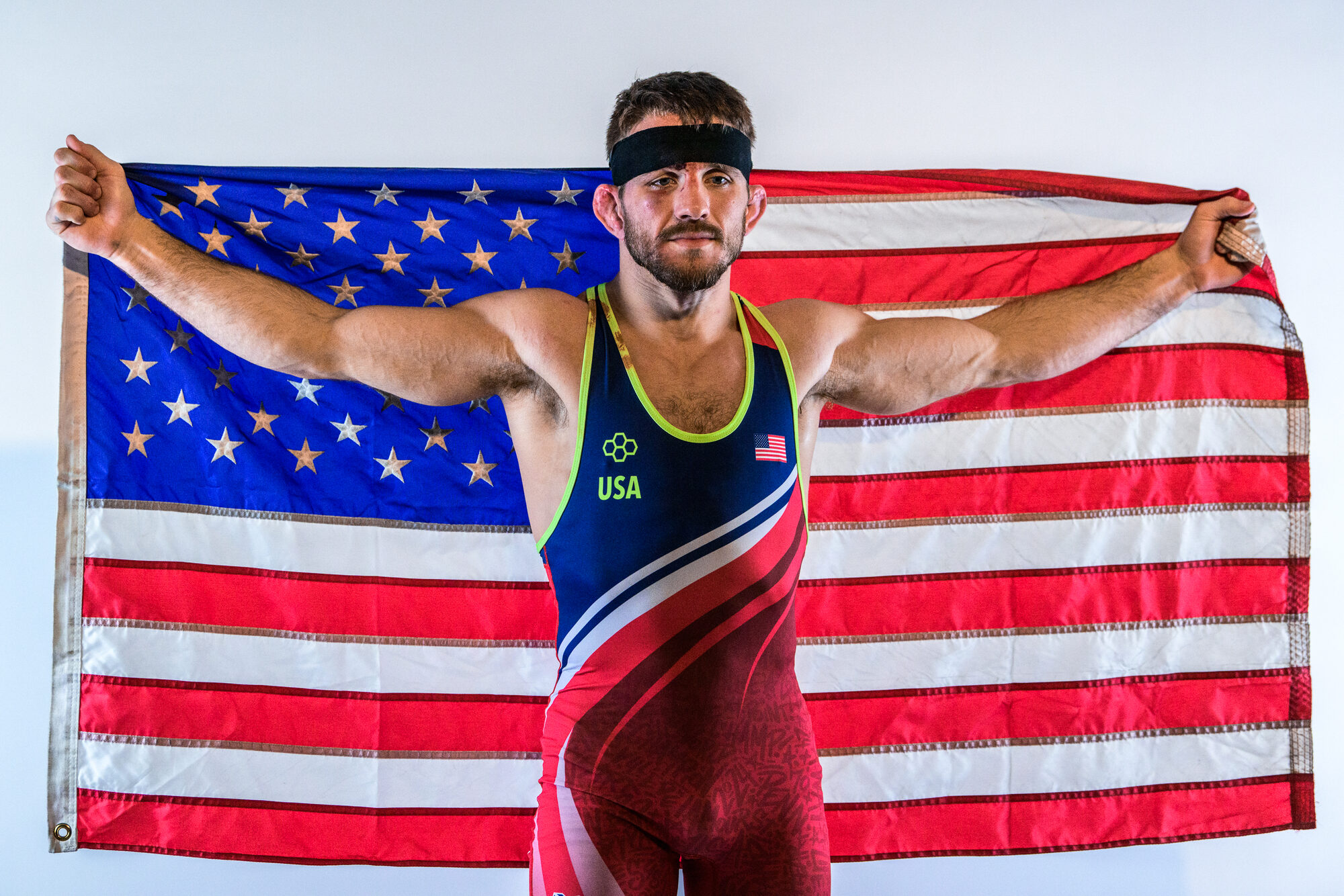 Zain Retherford with the American flag
